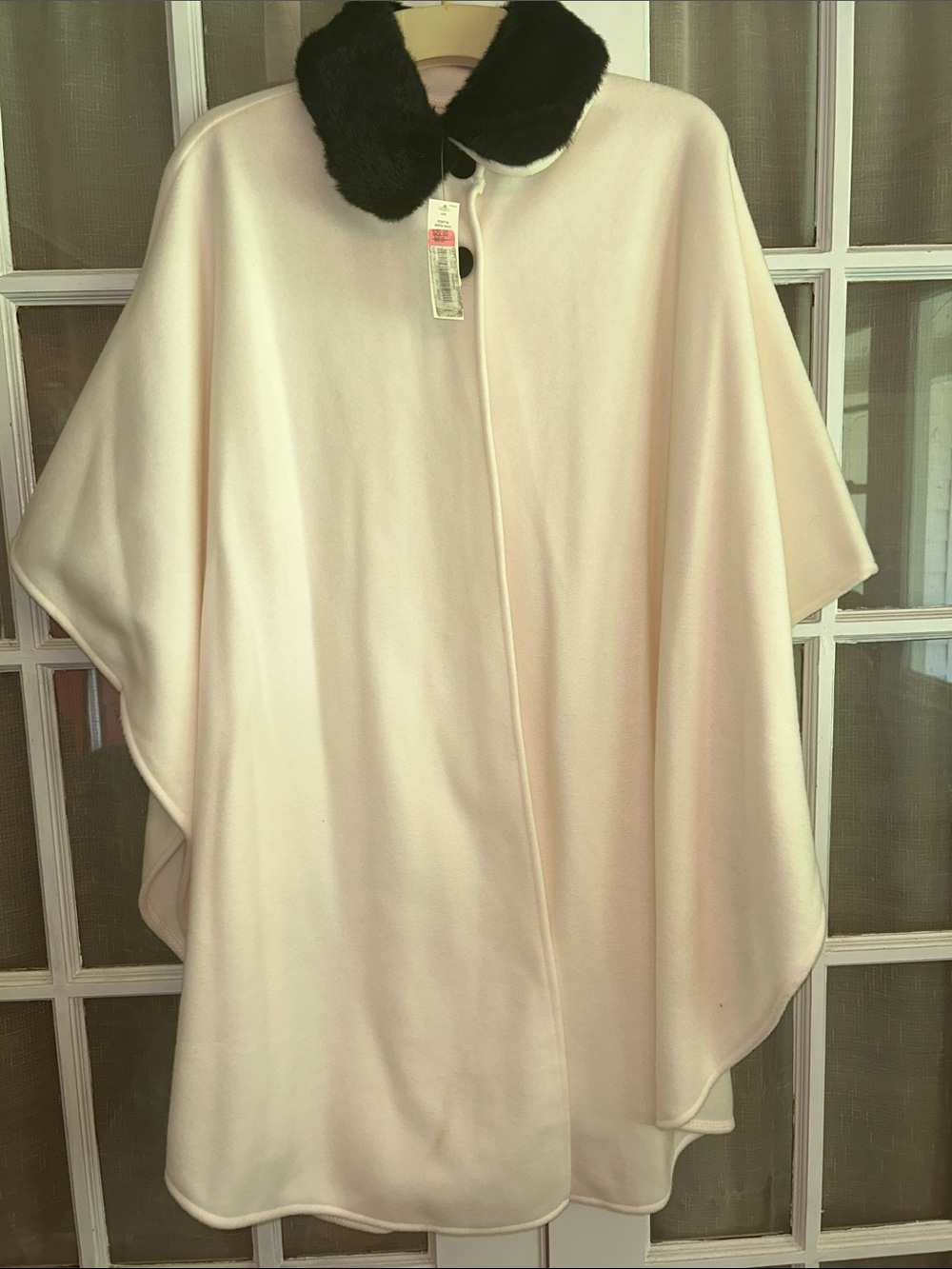 Preston & York Winter White Cape Coat W/Black Faux Fur Collar Draped Flowing OS
